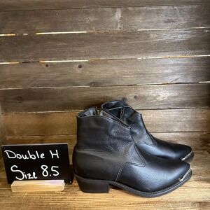 Womens Double H Black Leather Pointed Side Zipper Western Ankle Boots Size 8.5 M